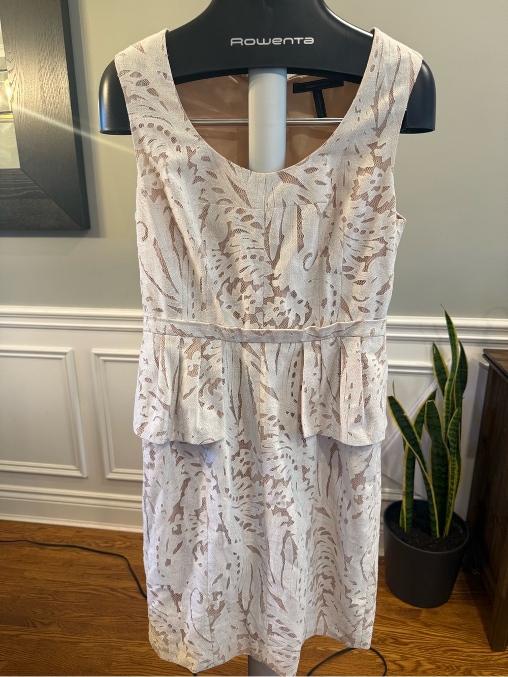 BCBGMaxAzria Cream and Beige Lace-Overlay Peplum Dress